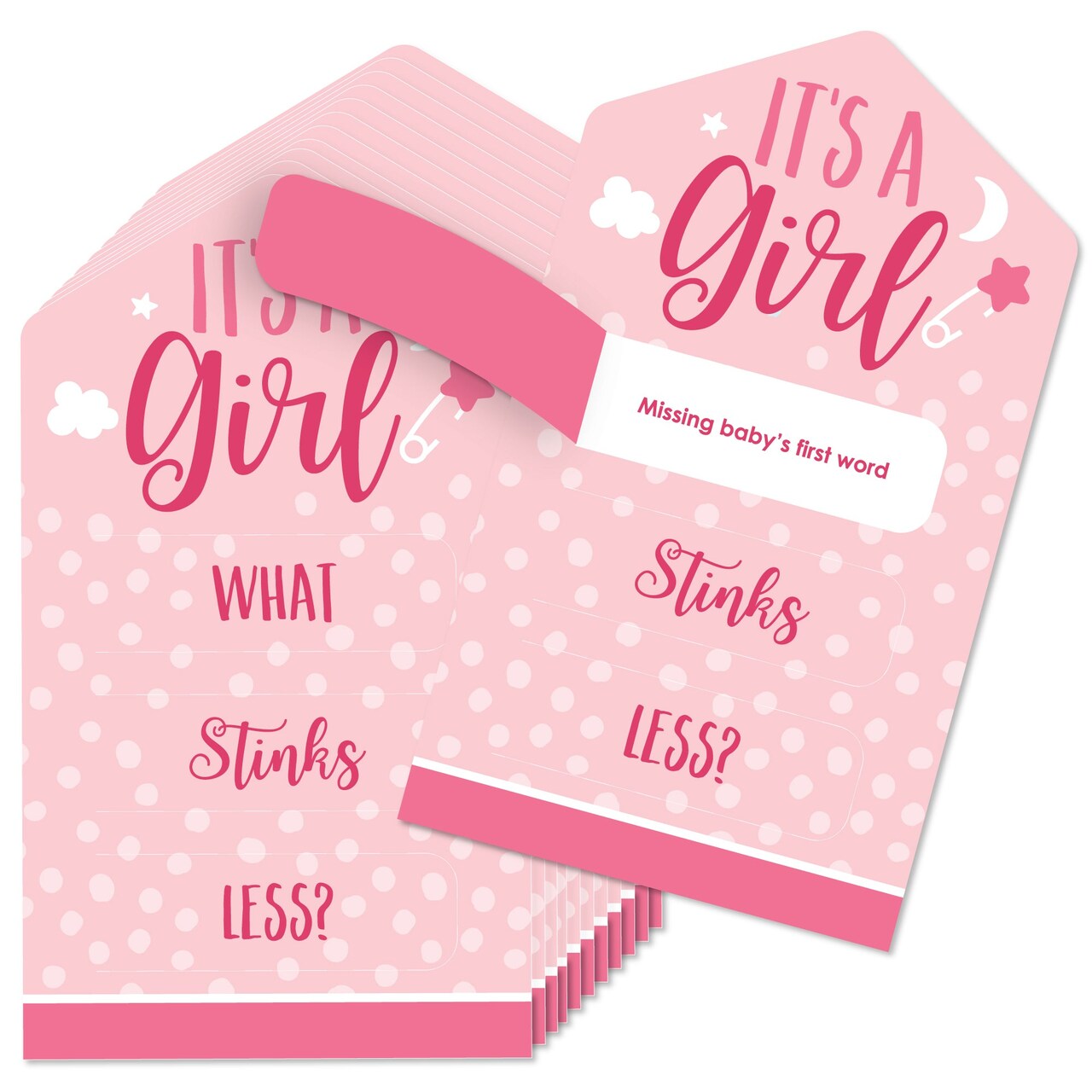 Big Dot of Happiness Baby Girl - Pink Baby Shower Game Pickle Cards - Conversation Starters Pull Tabs - Set of 12